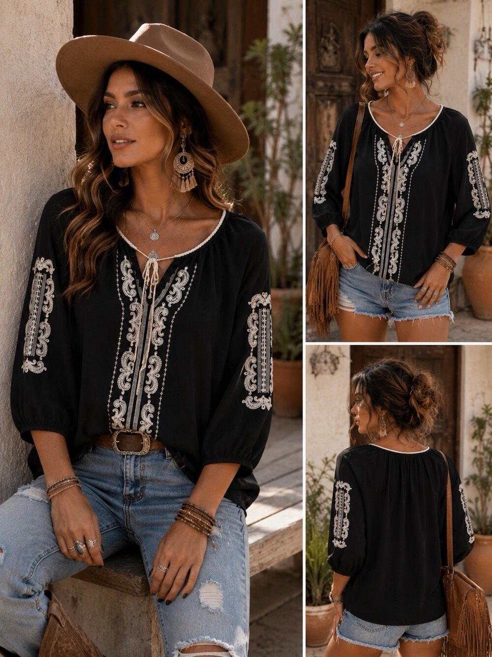 Women’s Black Embroidered Peasant Blouse Size Large Boho Tie Neck 3/4 Sleeve
